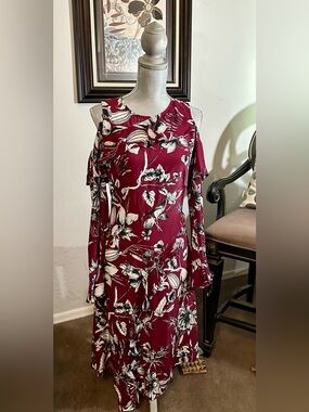 Parker Asymmetric Cold Shoulder Silk Floral Midi Dress w Diagonal Ruffling